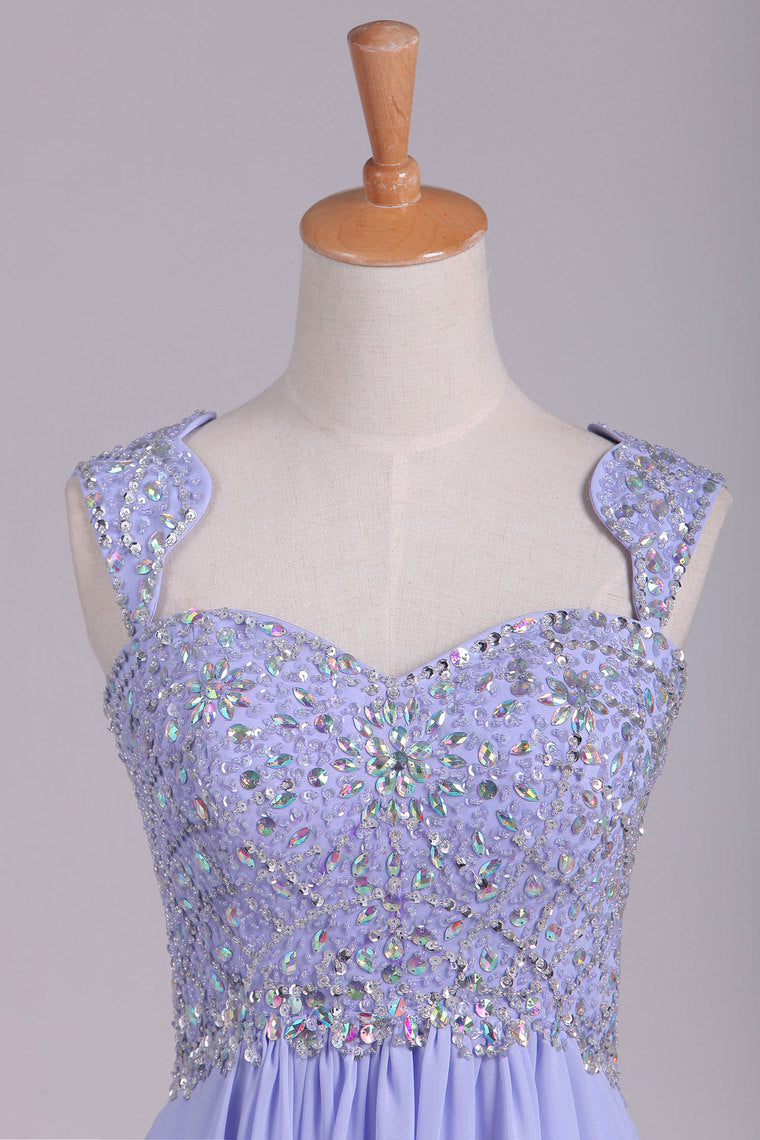 2022 Prom Dresses A Line Straps Beaded Bodice Open Back Chiffon