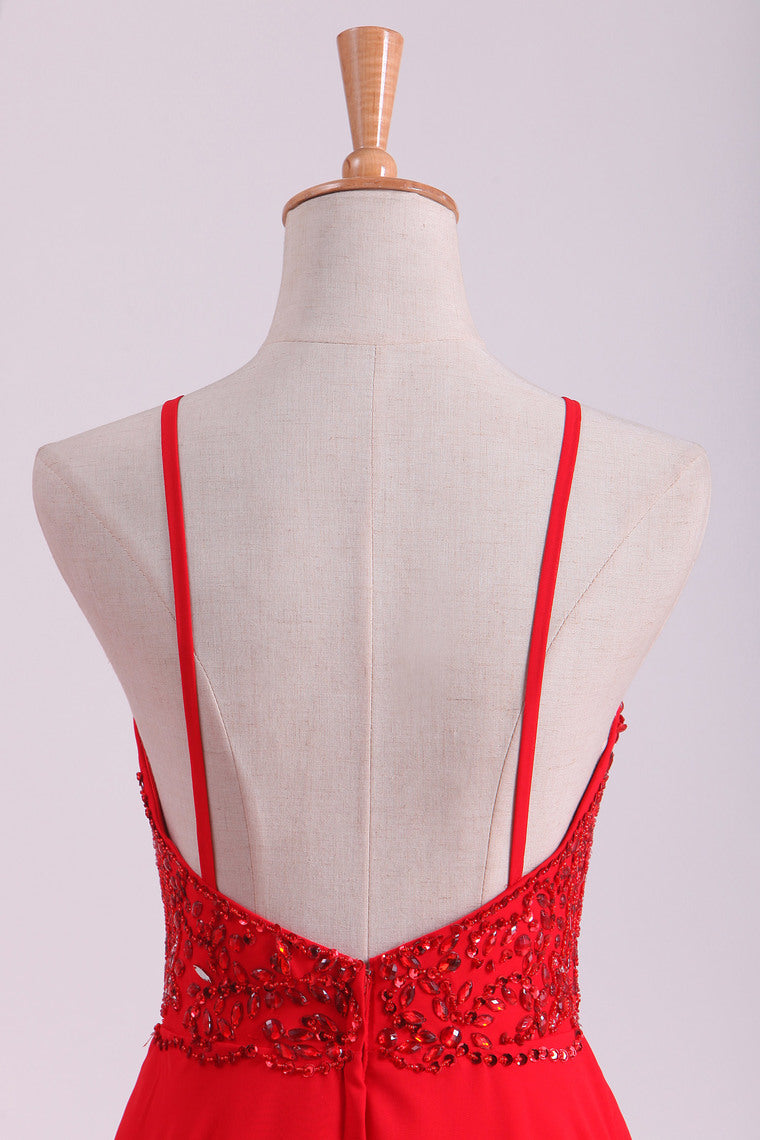 2022 Red Spaghetti Straps Beaded Bodice A-Line Chiffon Prom Dresses