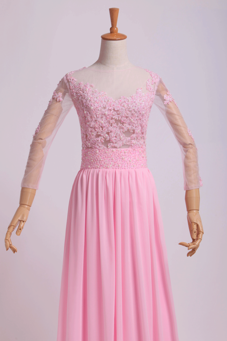 2022 Mid-Length SleeveScoop Prom Dresses A-Line Floor-Length Chiffon With Applique And Bow-Knot