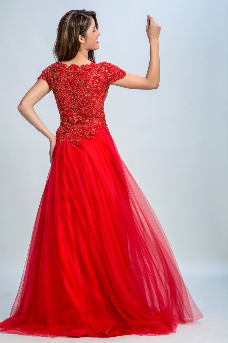 2022 Scoop Beaded Bodice Short Sleeves A Line Prom Dresses Tulle