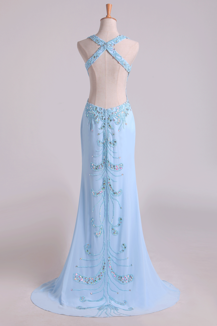 2022 A Line Two-Piece Halter Beaded Bodice Open Back Prom Dresses Chiffon & Tulle