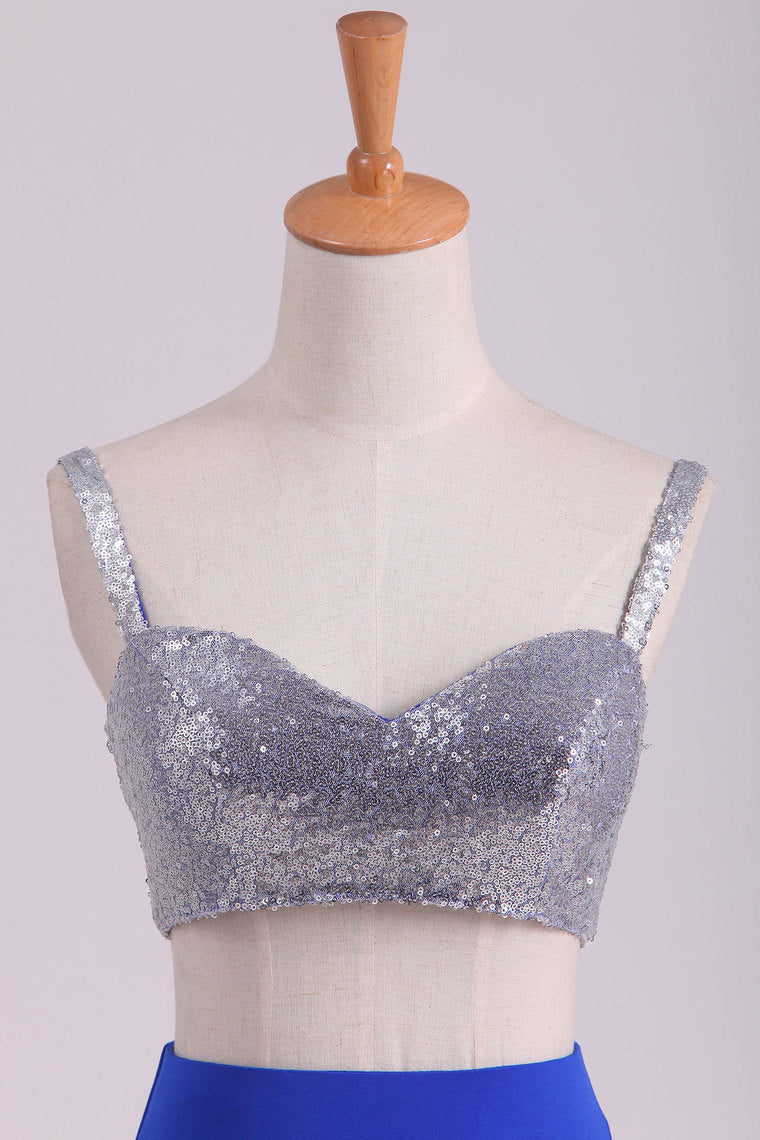 2022 Spaghetti Straps Two Pieces Sheath Prom Dresses Spandex With Slit And Beads