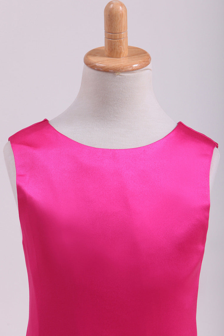2022 Fuchsia Scoop A Line Flower Girl Dresses Satin With Ribbon Knee Length