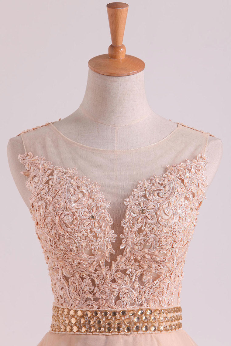 2022 Hot Prom Dresses Scoop A Line With Sash And Applique
