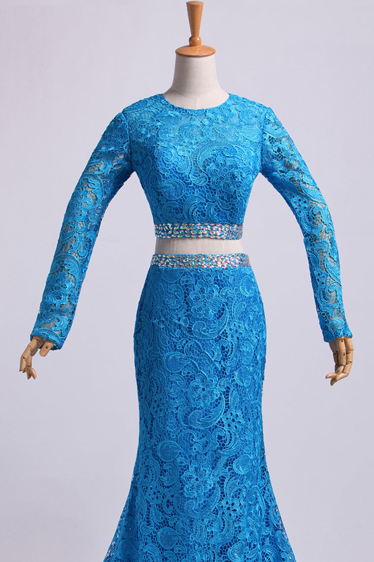 2022 Two Pieces Prom Dresses Long Sleeves Scoop Trumpet Court Train Lace