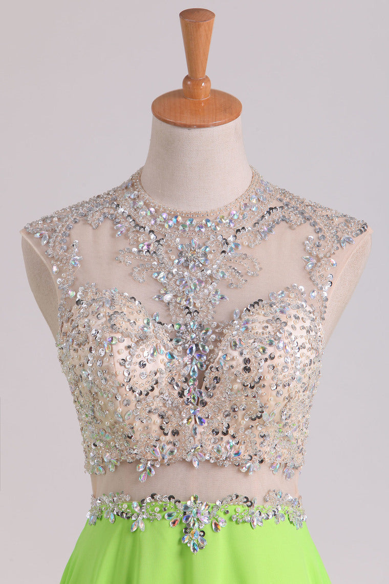 2022 A Line Beaded Bodice Prom Dresses Scoop Chiffon & Tulle With Slit