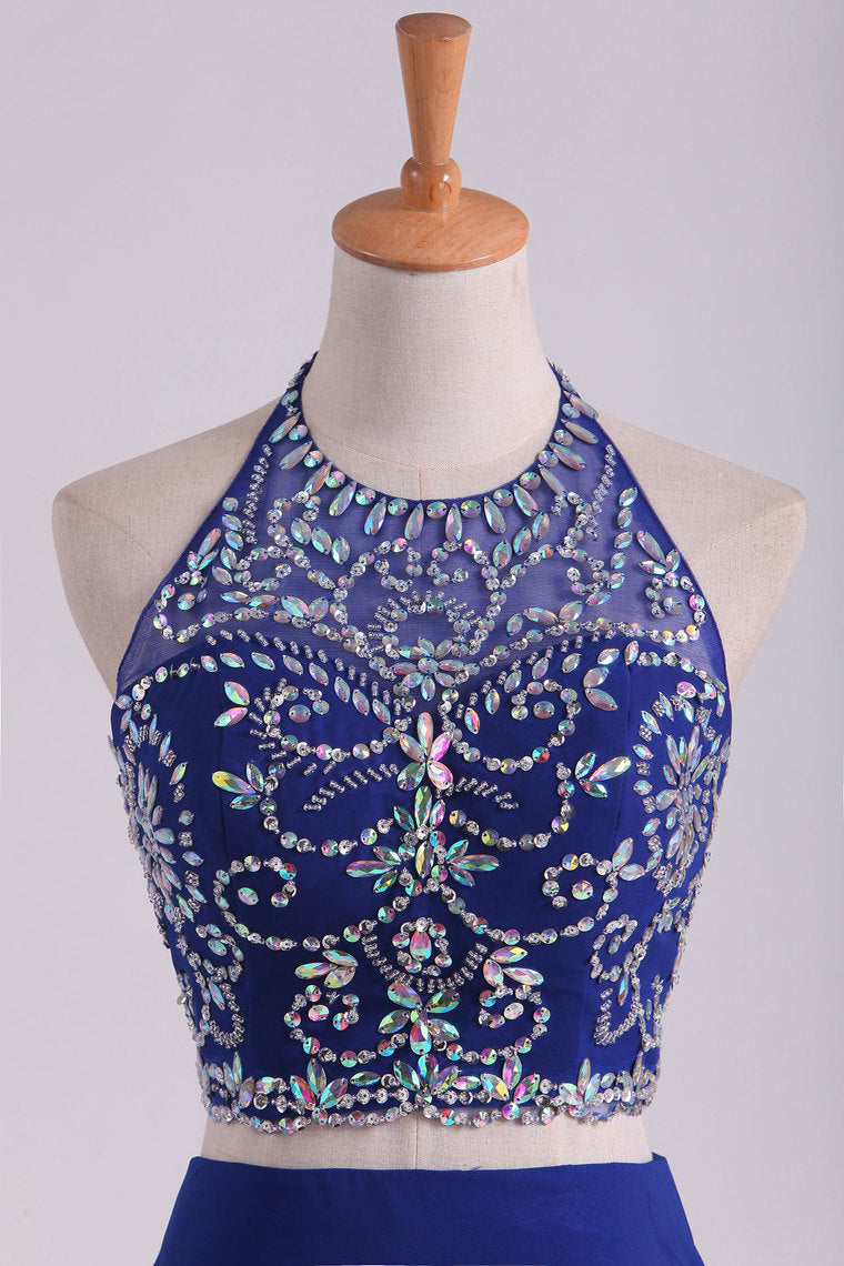 2022 Bateau Two Pieces Prom Dresses Dark Royal Blue A Line Beaded Bodice Open Back Floor Length Chiffon & Tulle