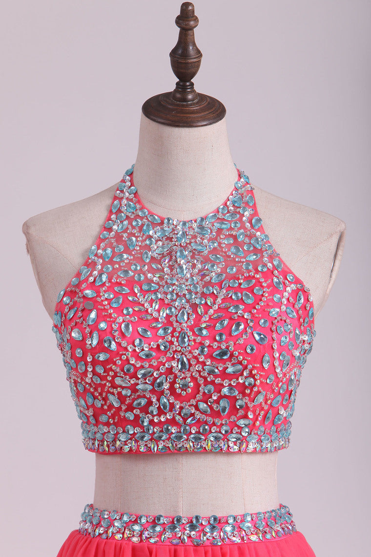 2022 Two Pieces Halter Prom Dresses A Line Tulle With Beading Floor Length