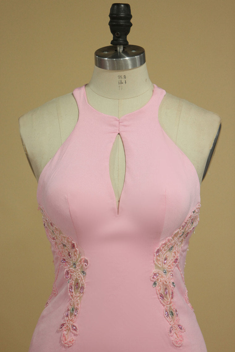 2022 Sheath Scoop With Beading And Slit Prom Dresses Sweep Train Spandex