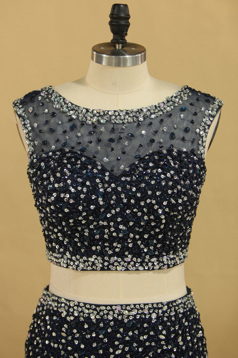 2022 Two Pieces Scoop Mermaid Beaded Bodice Prom Dresses Floor Length Tulle