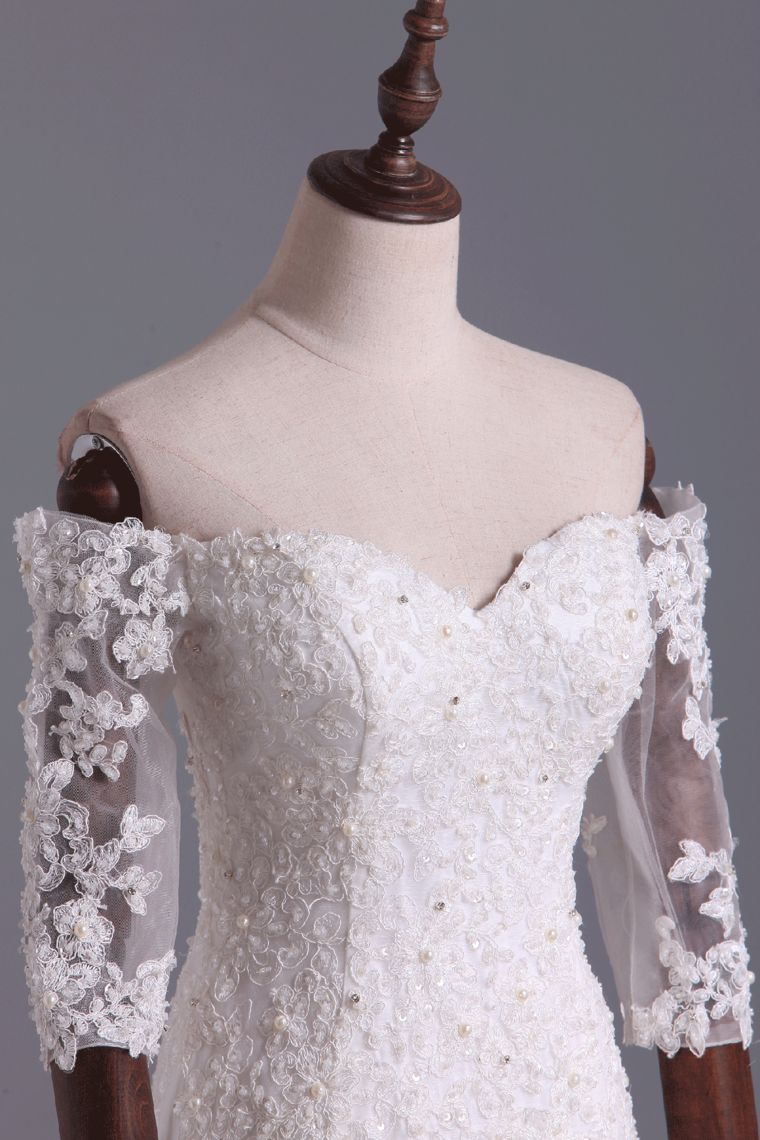 2022 Hot Mermaid Wedding Dresses 3/4 Length Sleeves Court Train With Applique New