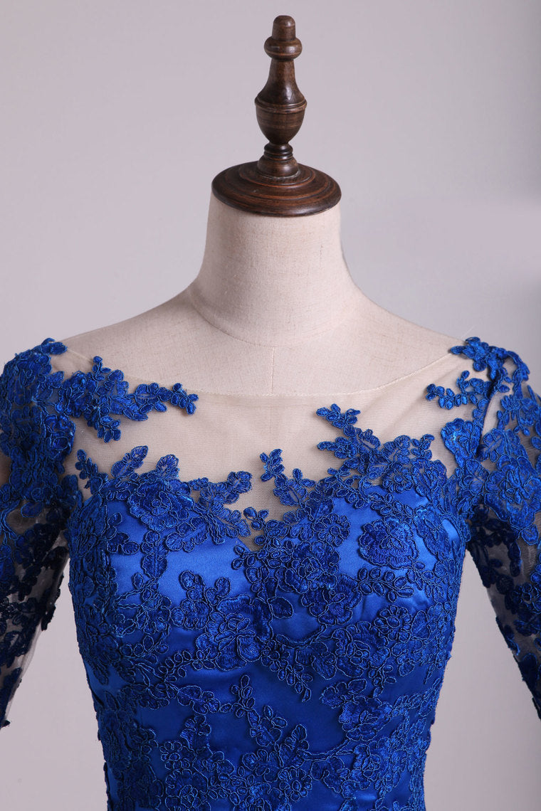 2022 Hot Bateau Dark Royal Blue Mother Of The Bride Dresses 3/4 Length Sleeve With Applique Satin