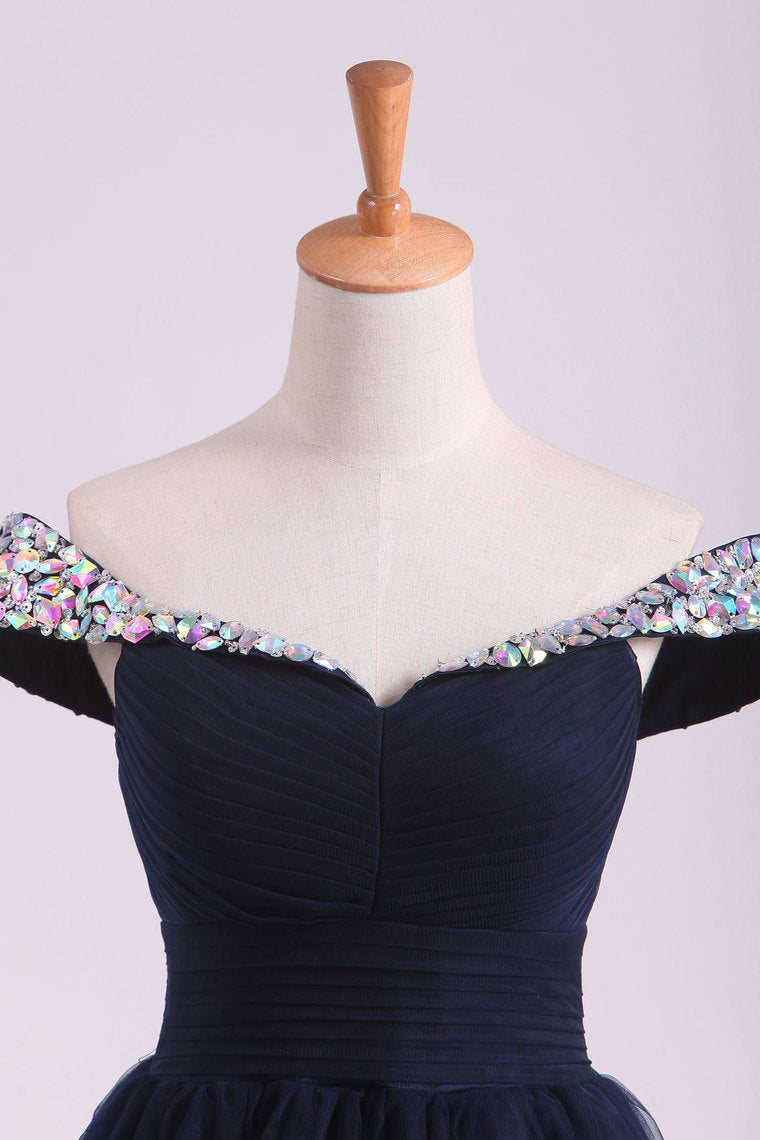 2022 Off The Shoulder With Beading And Ruffles Prom Dresses A Line Tulle