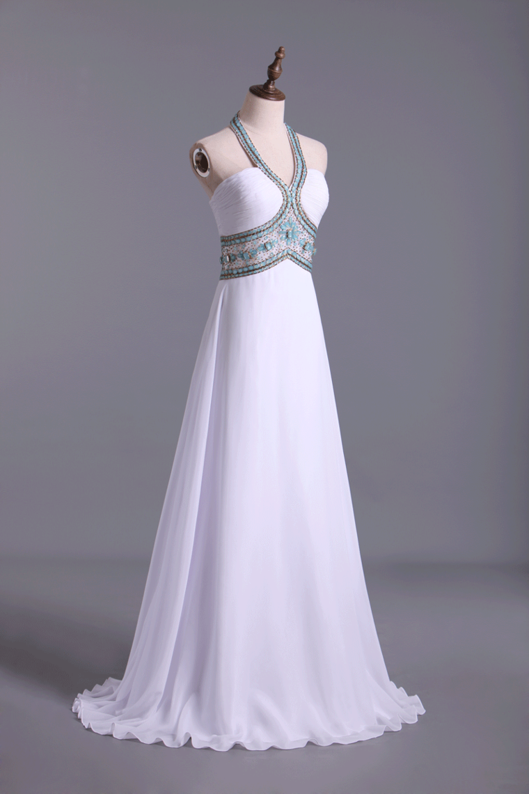 2022 Halter Prom Dress A-Line Pick Up Long Chiffon Skirt With Crystal Beading And Ruffles