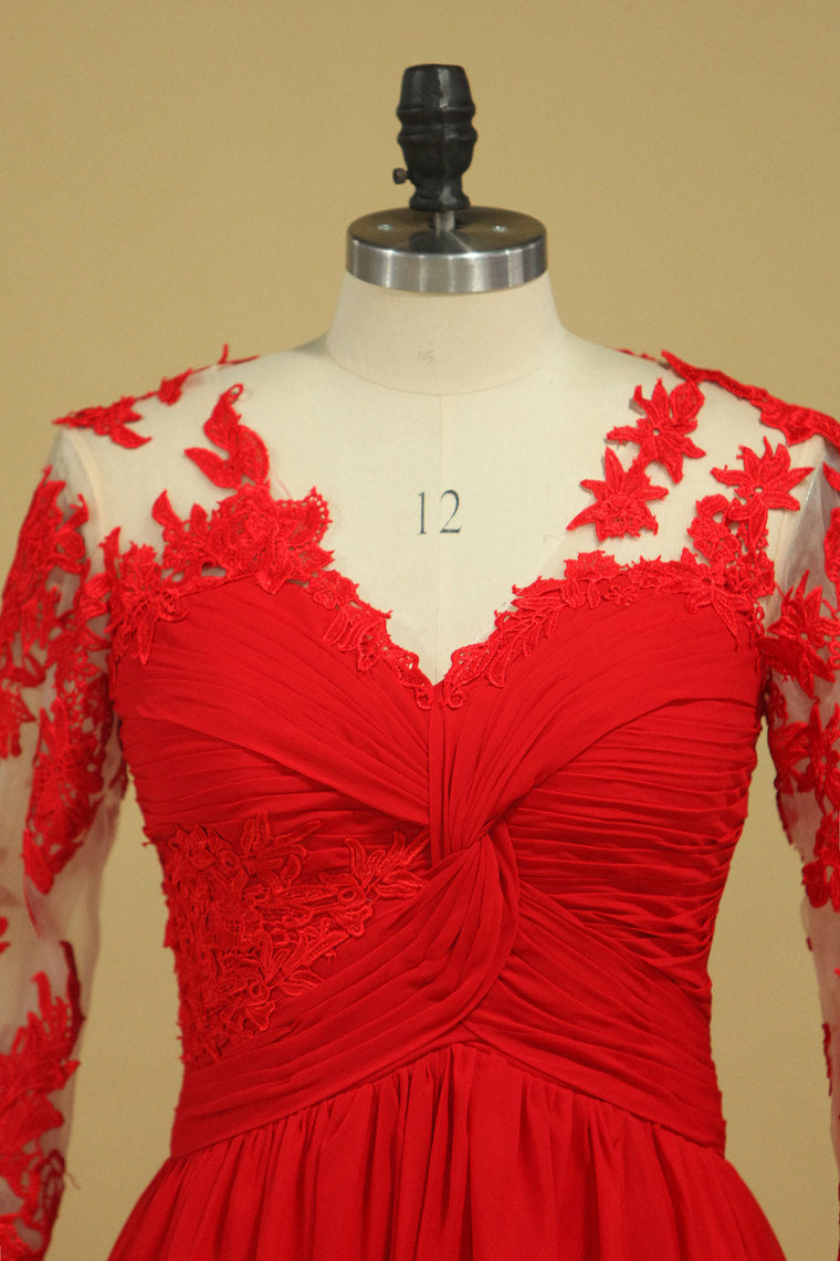 2022 V Neck 3/4 Length Sleeve Chiffon Mother Of The Bride Dresses With Applique And Ruffles