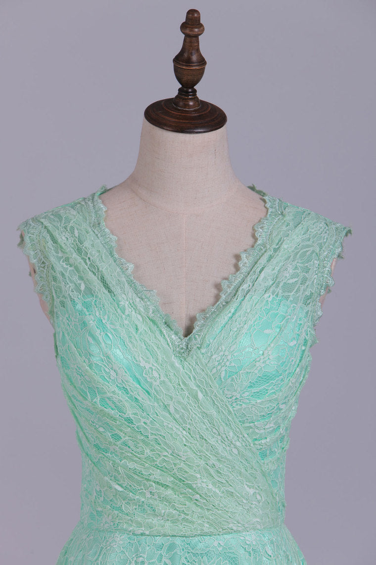 2022 V-Neck A Line Above Knee Length Lace Bridesmaid Dresses