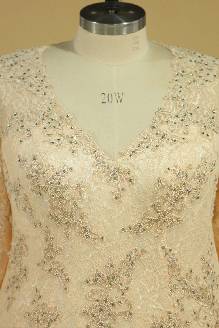 2022 Prom Dresses V Neck Long Sleeves Sweep Train Tulle & Lace