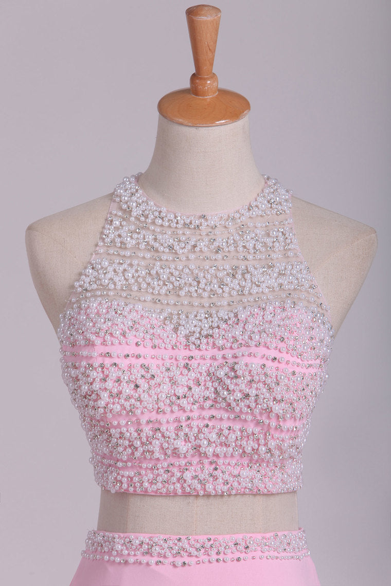 2022 Two Pieces Column Scoop Prom Dresses With Beads And Pearls Spandex & Tulle