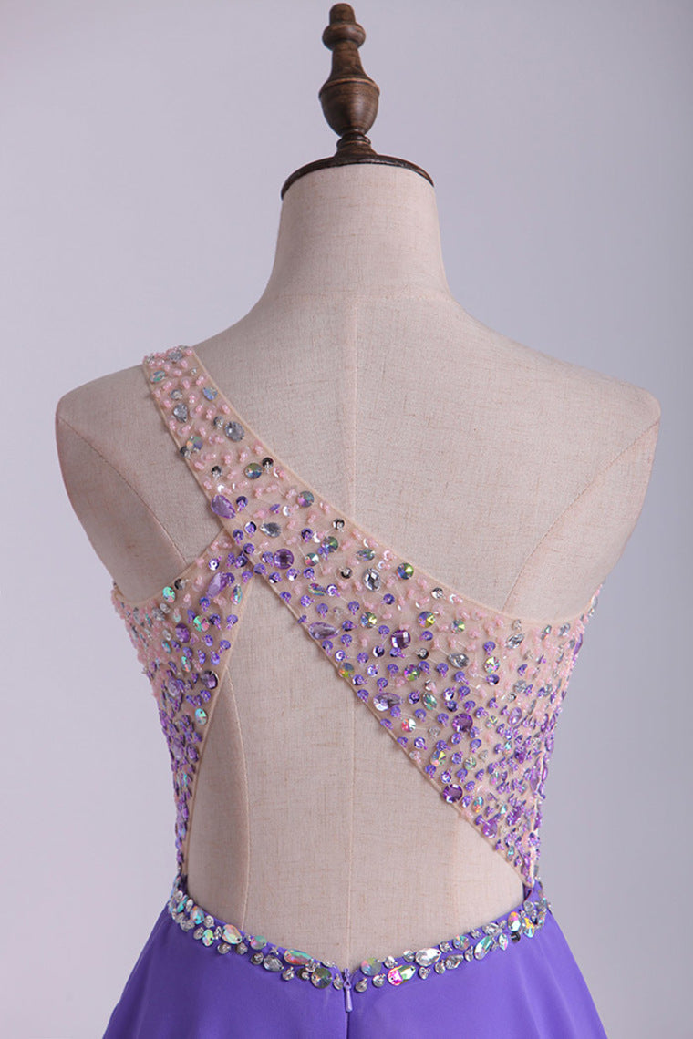 2022 One Shoulder Homecoming Dresses A Line Tulle & Chiffon With Beading