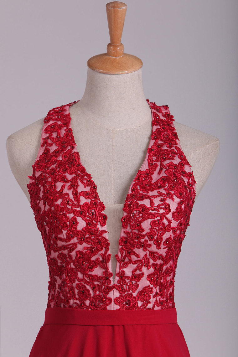 2022 V Neck Prom Dresses A Line Chiffon With Applique And Beads Open Back Floor Length