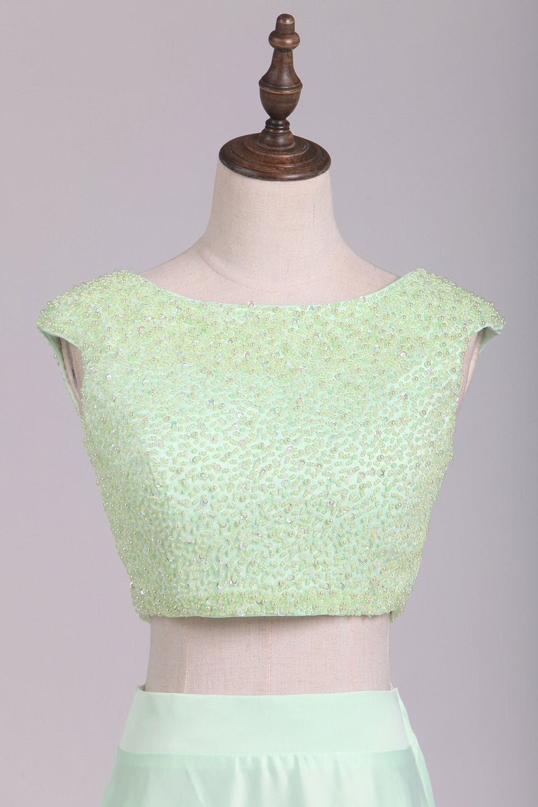 2022 Two Pieces Cap Sleeves A Line Prom Dresses Scoop Beaded Bodice Stretch Satin