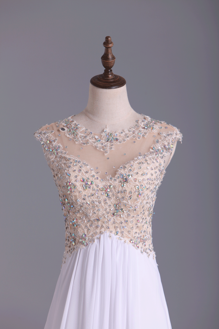 2022 Scoop Neckline Off The Shoulder Prom Dresses White Floor Length Chiffon With Gold Embroidery