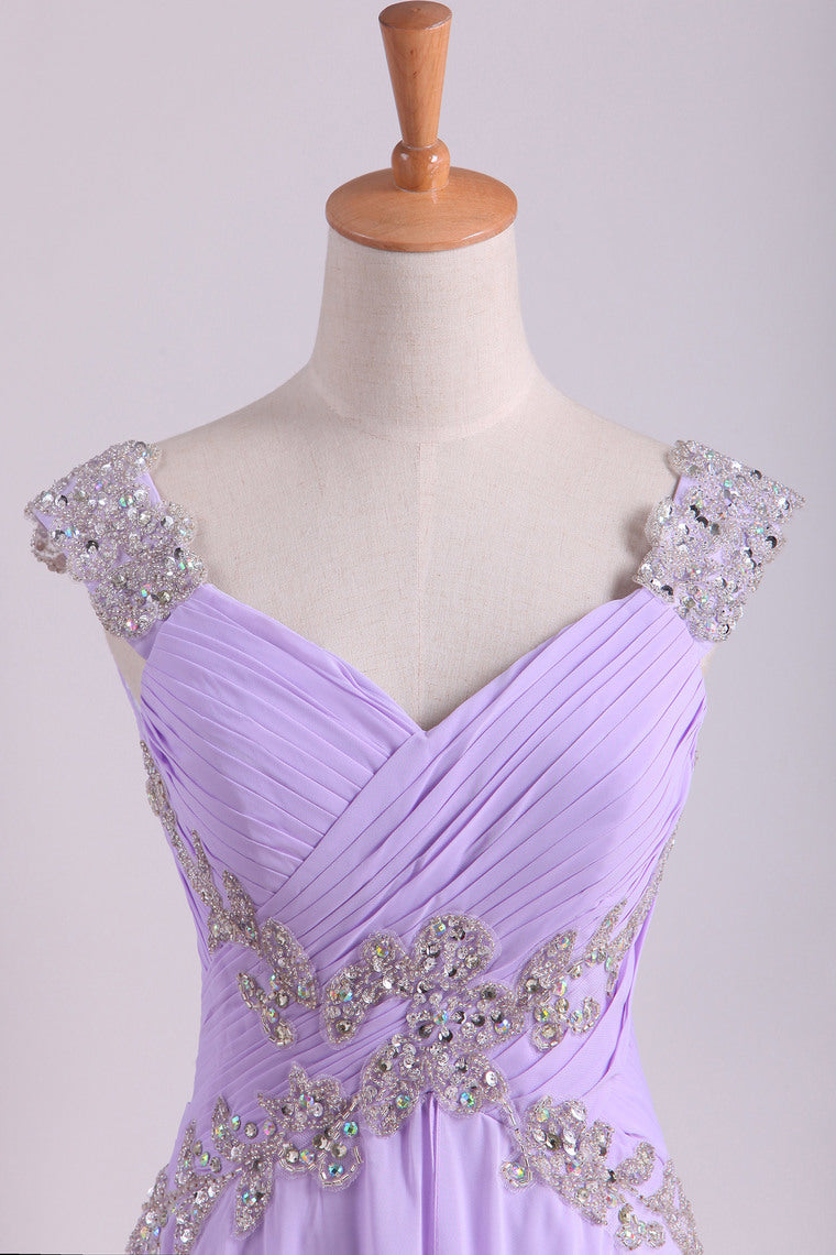 2022 Pom Dresses Off The Shoulder Floor Length Chiffon Beaded