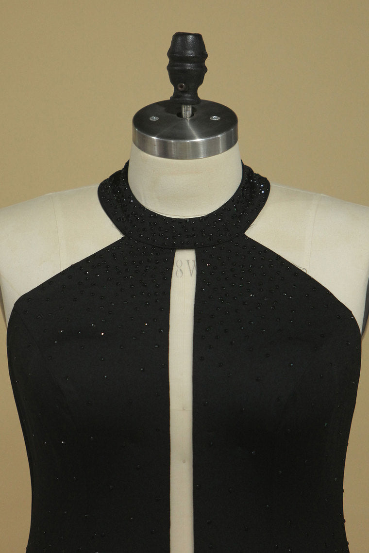 2022 New Arrival Black Halter Prom Dresses Mermaid With Beading Black Spandex