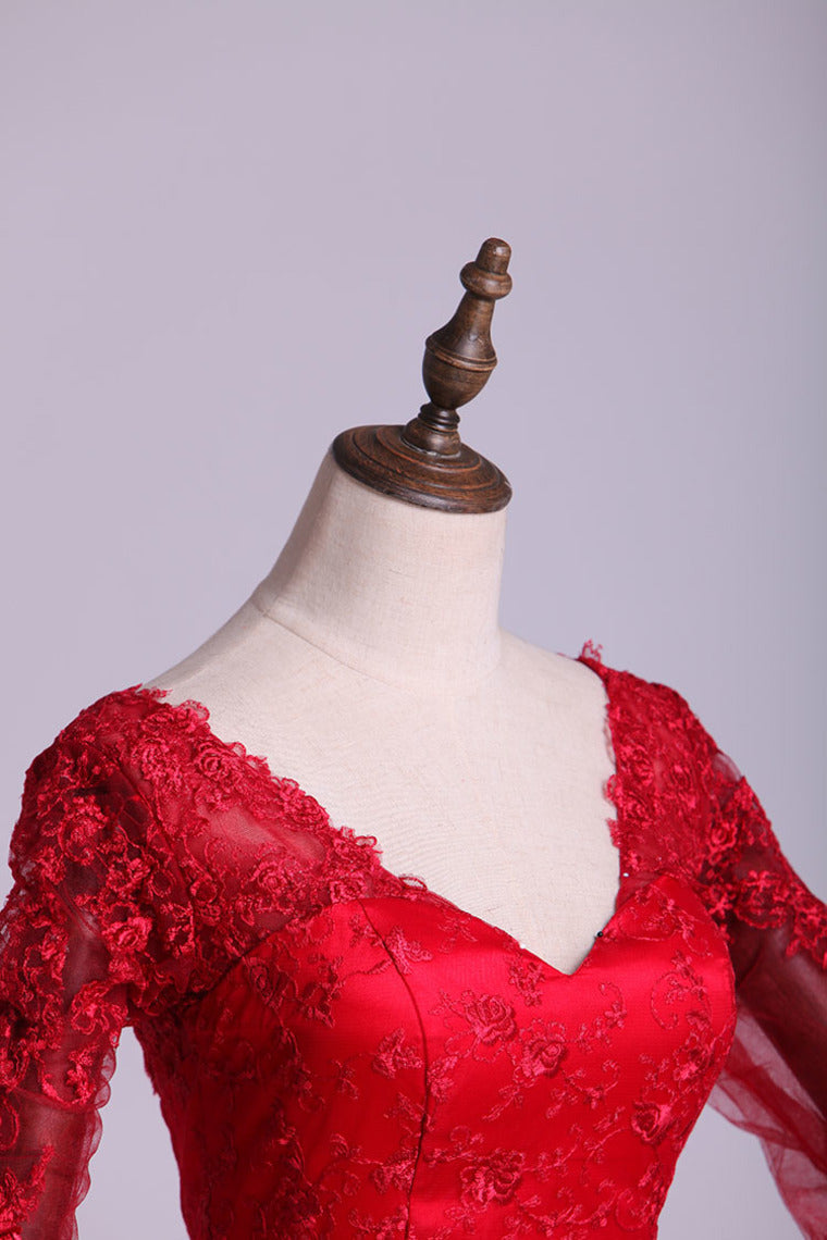 2022 V-Neck Evening Dresses Mermaid With Applique Lace And Tulle