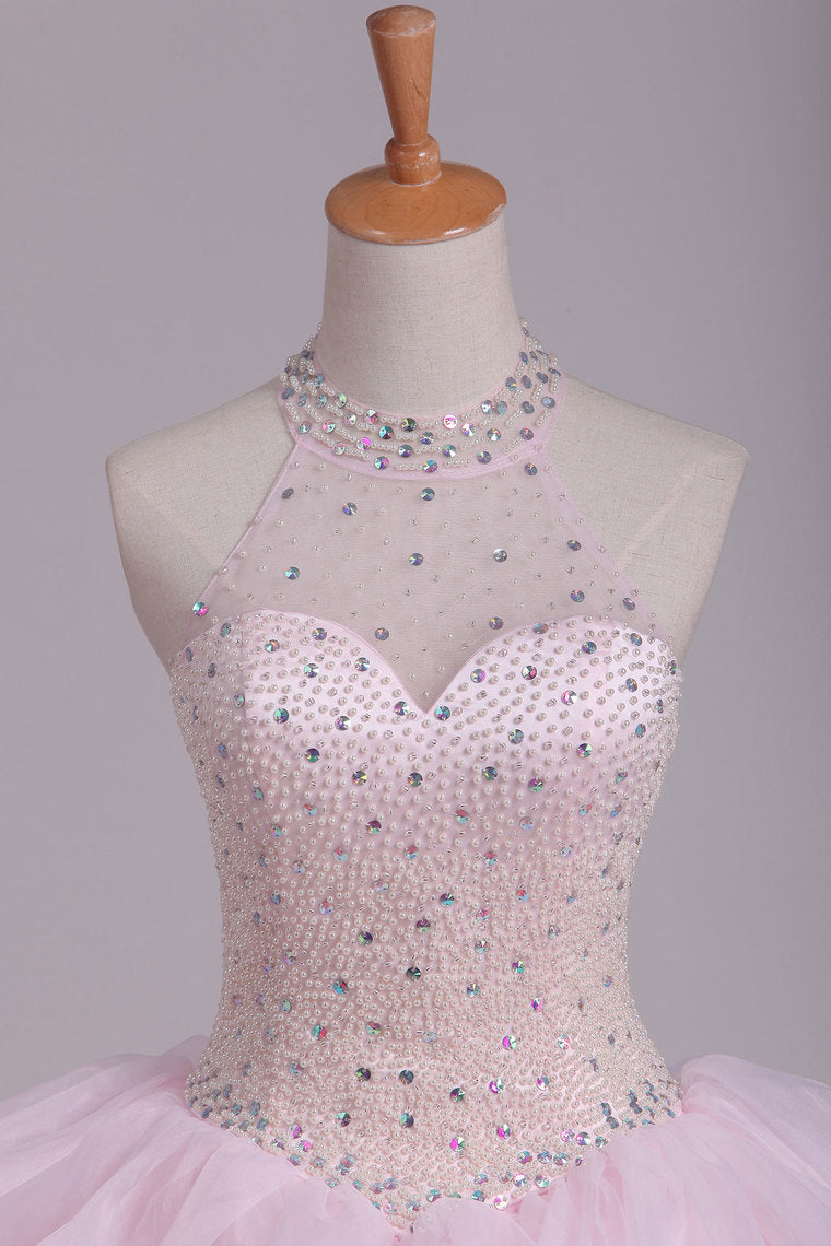 2022 Halter Ball Gown Beaded Bodice Open Back Quinceanera Dresses Organza Floor Length