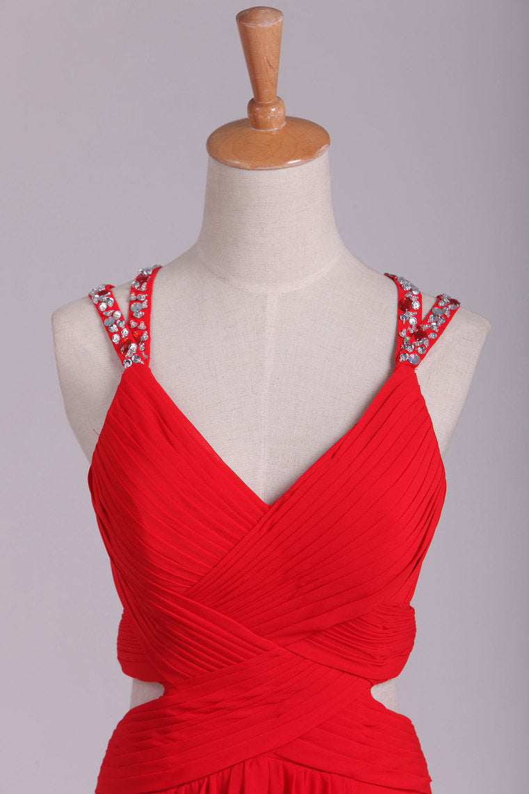 2022 Red A Line Prom Dresses Spaghetti Straps Open Back With Ruffles And Beads Chiffon