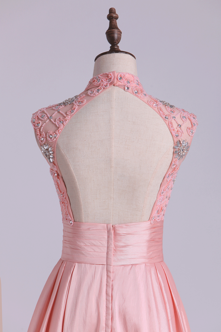 2022 High Neck A Line Short Homecoming Dresses Tulle & Taffeta With Beads