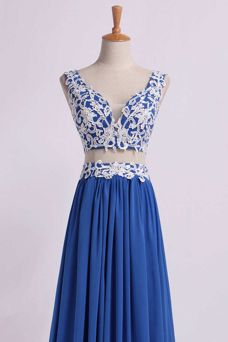 2022 Two Pieces A Line Prom Dresses Chiffon Floor Length With Applique