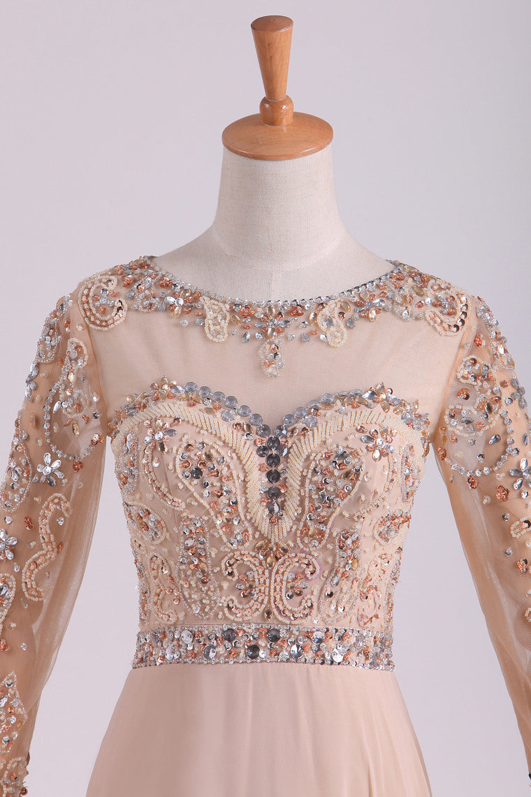 2022 Prom Dresses Scoop 3/4 Length Sleeve A Line Chiffon With Beads