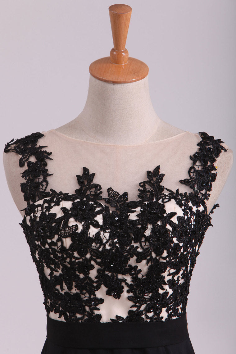 2022 Cap Sleeves Prom Dresses Scoop Floor Length Chiffon With Applique