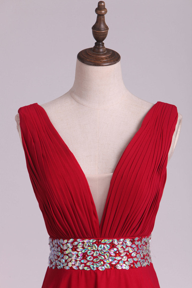 2022 A Line V Neck Pleated Bodice Chiffon Prom Dresses With Beading Court Train