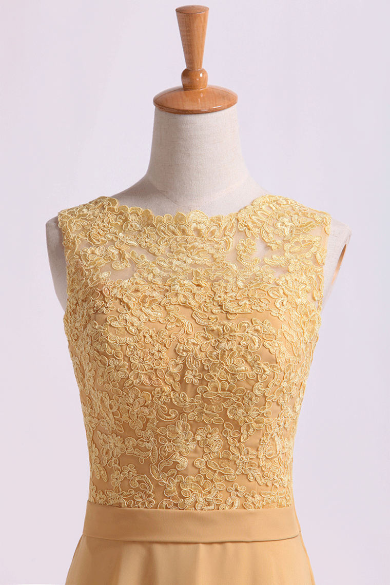 2022 Exquisite Prom Dresses Scoop A Line Lace & Chiffon