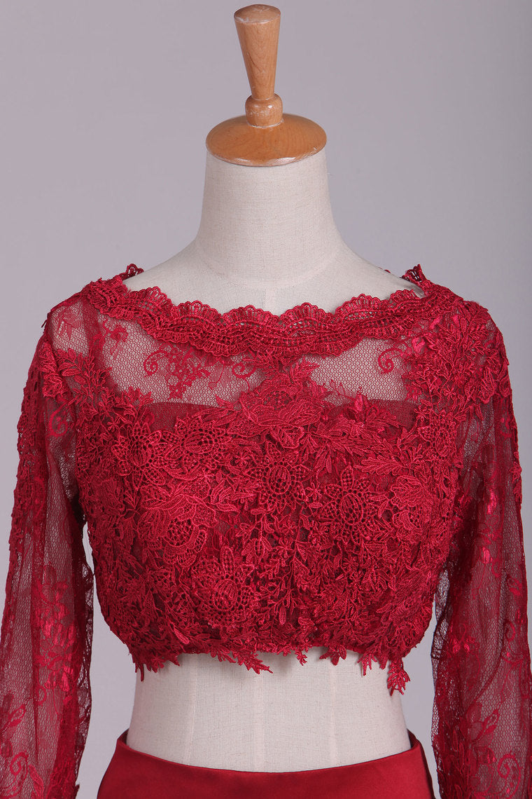 2022 Long Sleeves Two-Piece Bateau Prom Dresses Floor Length Satin