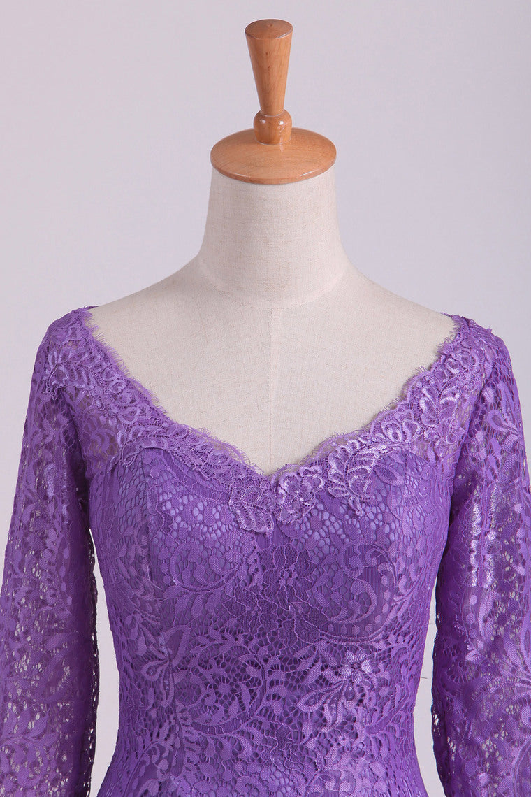 2022 Purple Mother Of The Bride Dresses V Neck 3/4 Length Sleeve Mermaid Lace Floor Length