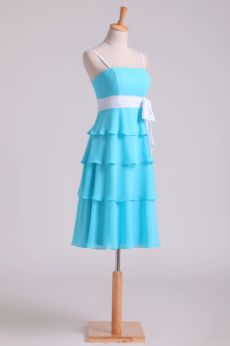 2022 Spaghetti Straps Empire A Line Knee Length Bridesmaid Dresses