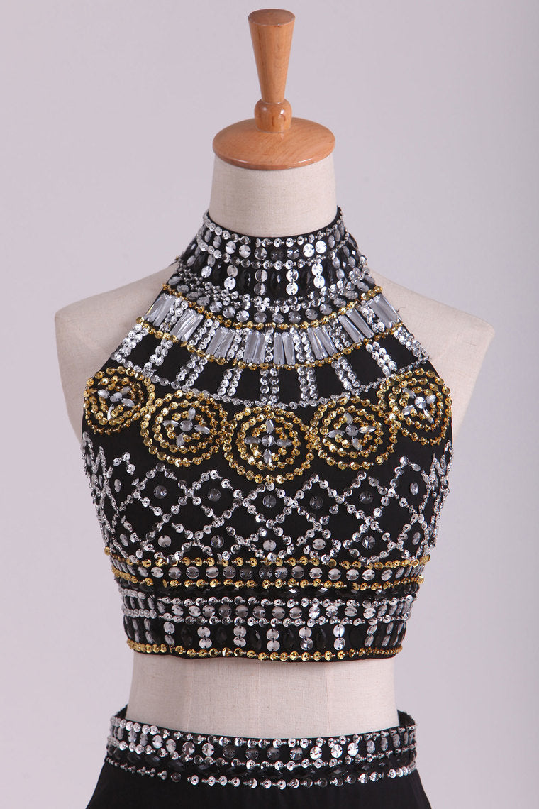 2022 Two-Piece Mermaid Prom Dresses High Neck Chiffon Beaded Bodice