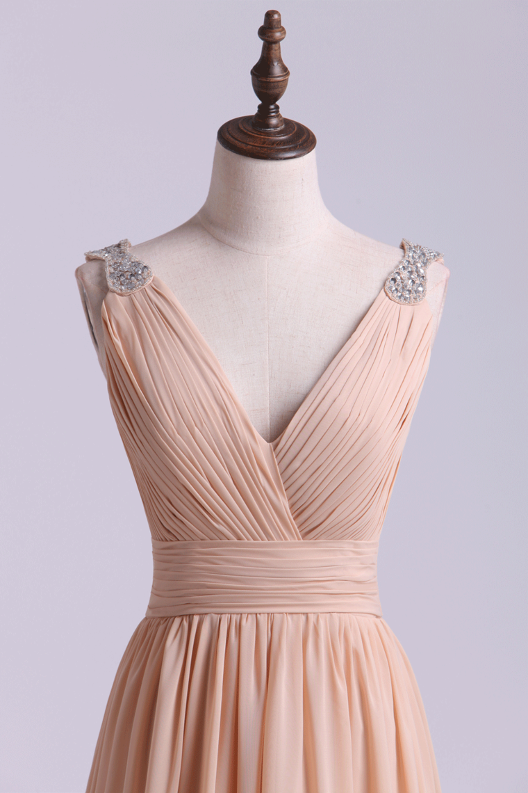 2022 Bridesmaid Dress V Neck A Line Floor Length Chiffon With Beads