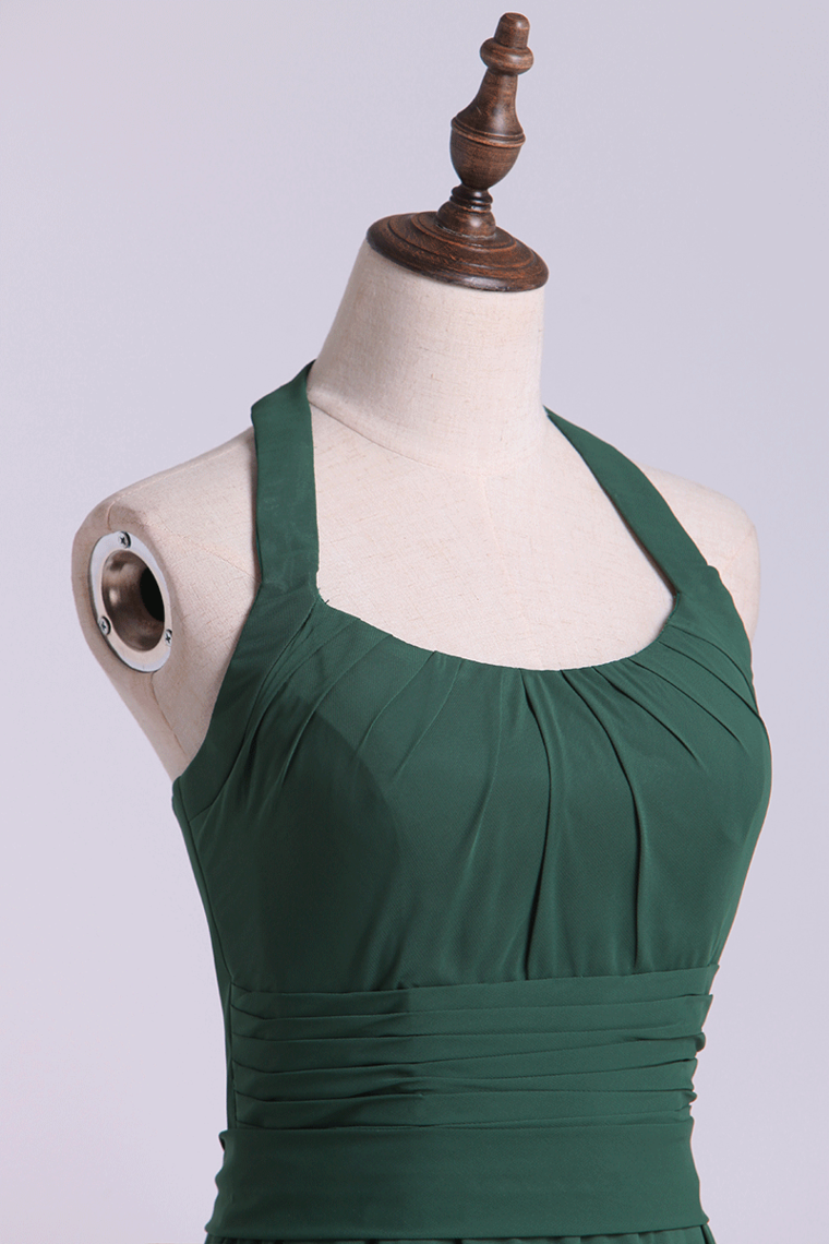 2022 Bridesmaid Dresses Halter A Line Chiffon Belt Knee Length
