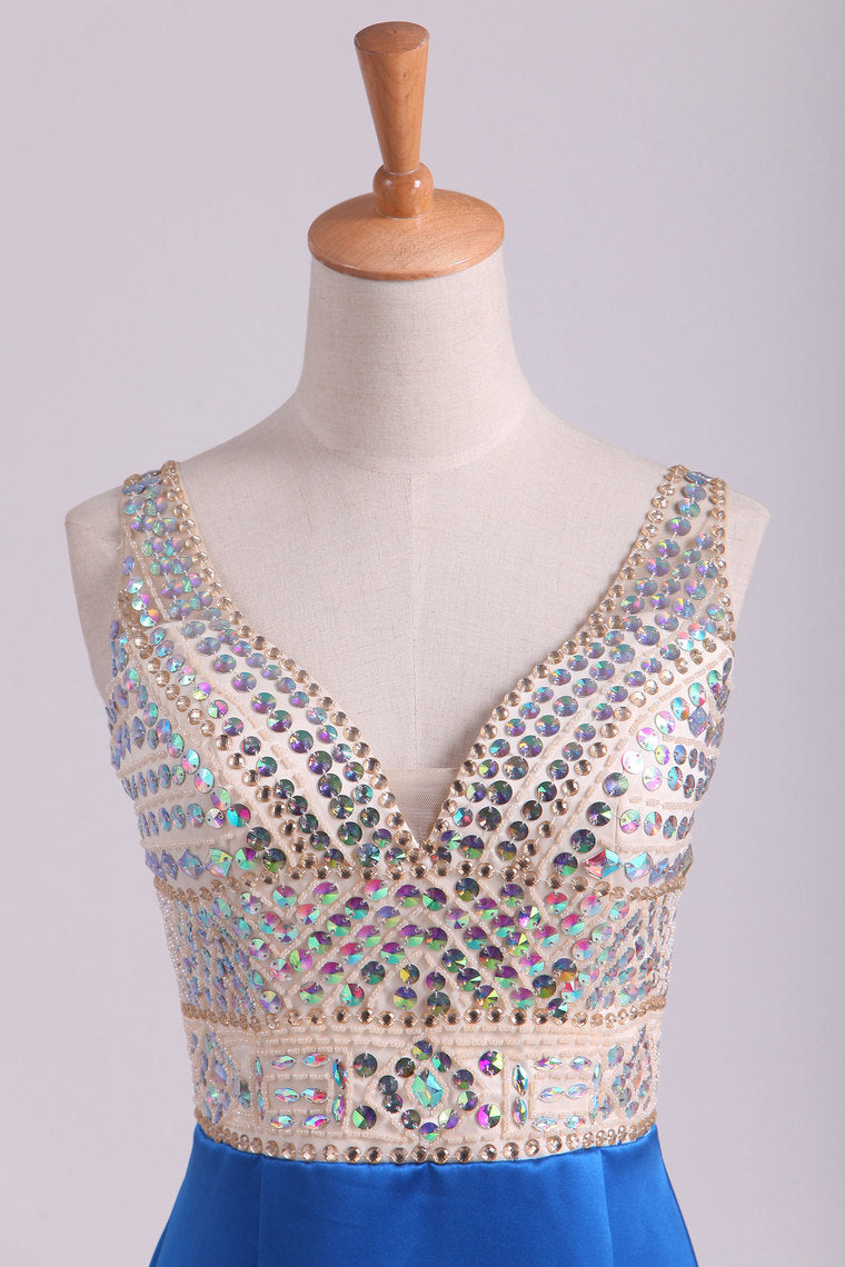 2022 Prom Dresses Mermaid V Neck Open Back Satin & Tulle With Beading