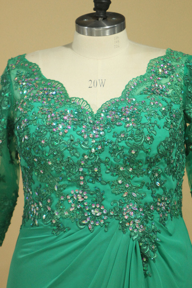 2022 Plus Size V Neck Mother Of The Bride Dresses With Beads & Applique Chiffon Color Hunter