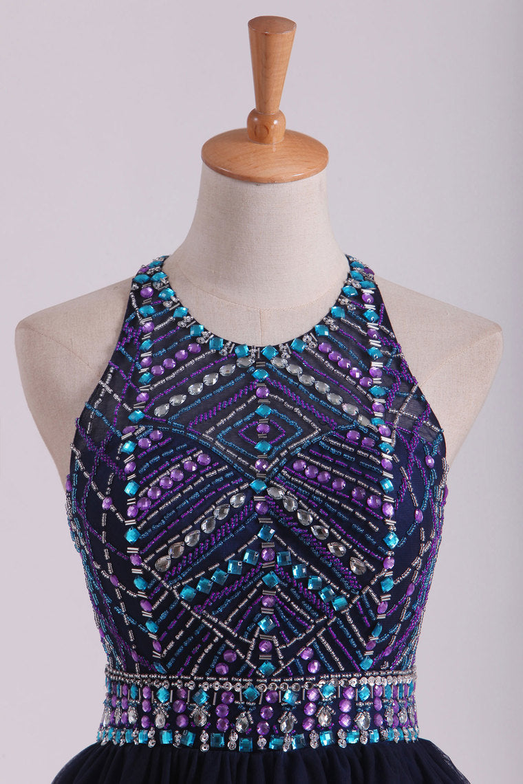 2022 Open Back Halter Homecoming Dresses A-Line Short/Mini Beaded Bodice Tulle