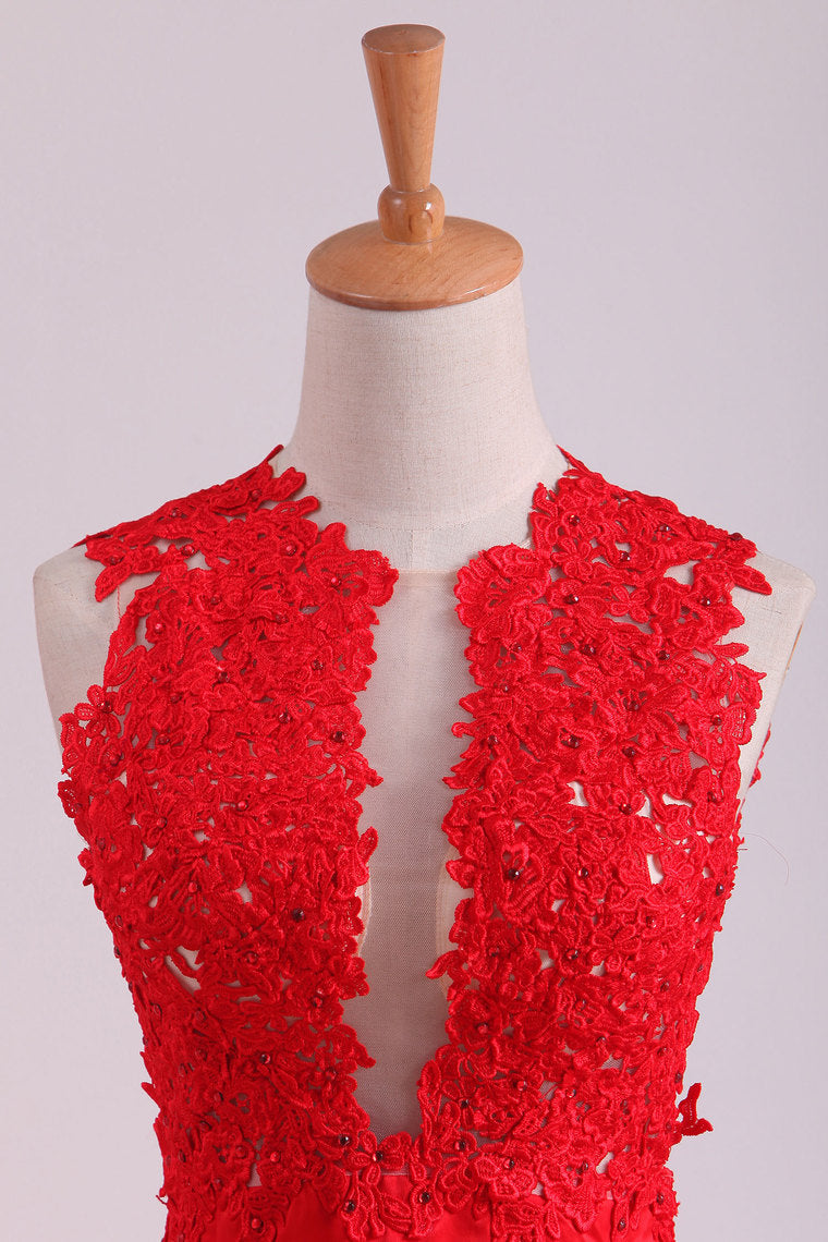 2022 Sexy Open Back Scoop Satin With Applique Mermaid Prom Dresses