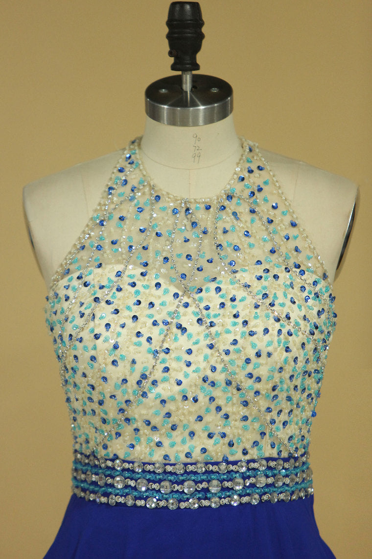 2022 Sexy Open Back Halter Beaded Bodice A Line Chiffon Sweep Train Prom Dresses