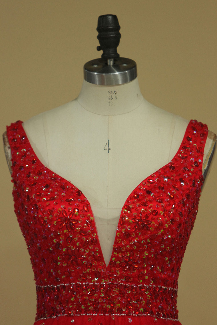 2022 Ball Gown Straps Beaded Bodice Prom Dresses Floor Length Tulle