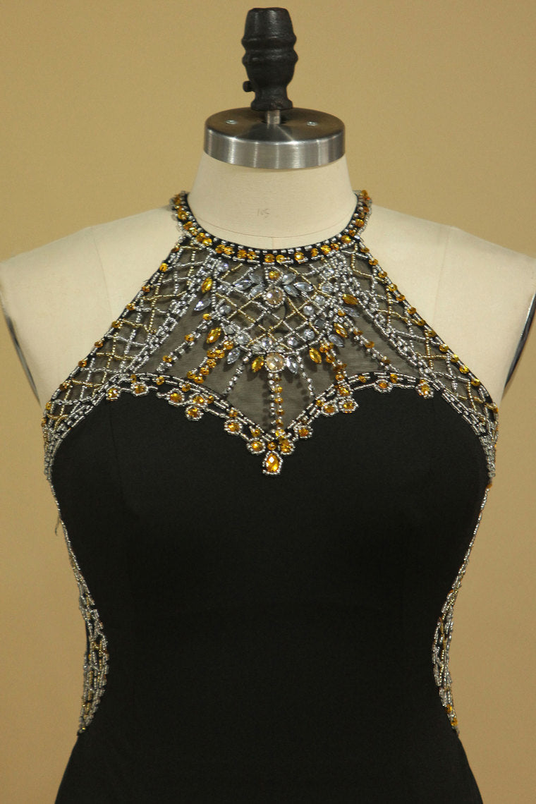 2022 Scoop Sheath Floor Length Prom Dresses Spandex With Beading